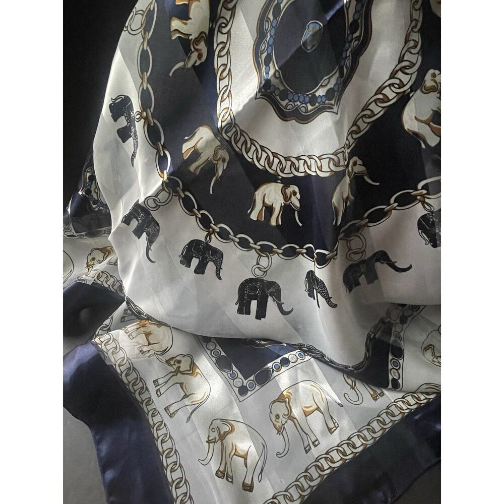 Vintage Elephant Print Chiffon Scarf Wrap 37”x37” Blue White Square Career